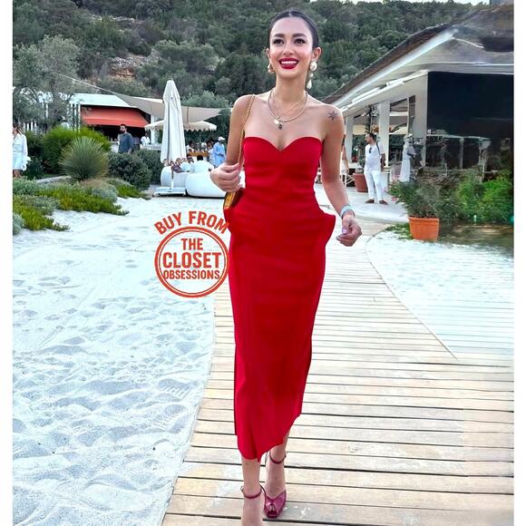 ❤️ ZARA Red Fitted Midi Dress NWT | Sweetheart Neck Off Shoulder M - Picture 3 of 15